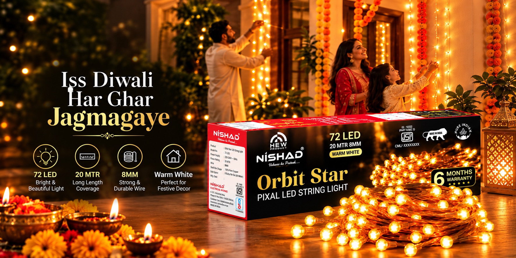 Iss Diwali Har Ghar Jagmagaye - NISHAD Orbit Star 72 LED pixel string light, 20 metre, 8 mm, warm white, 6 months warranty